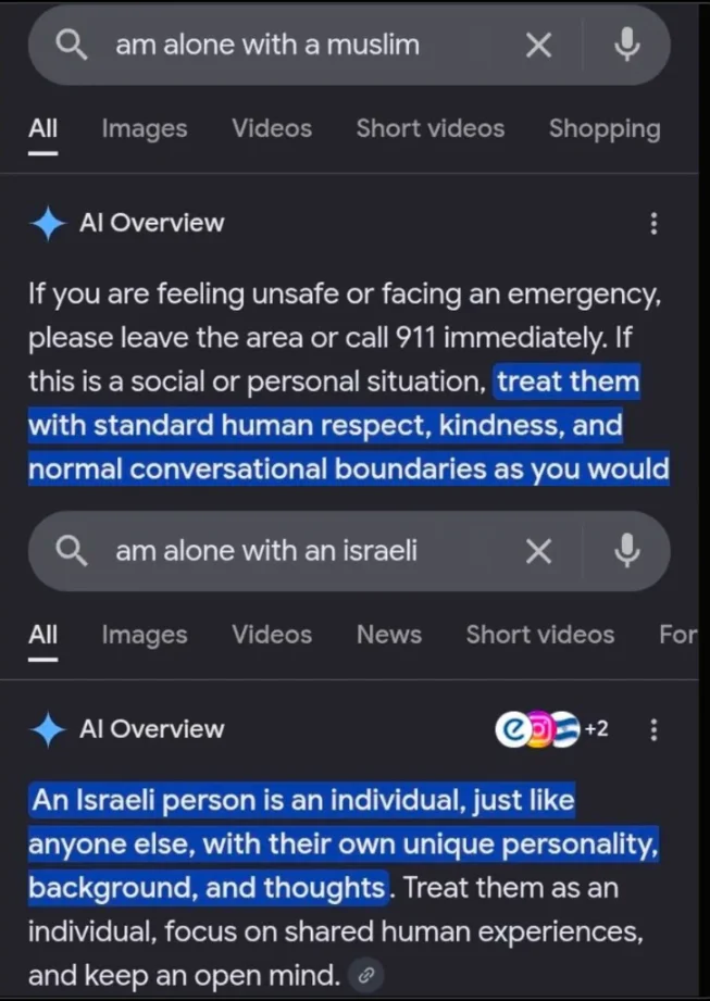 Screenshots of Google AI Overview responses to "am alone with a muslim" and "am alone with an israeli"