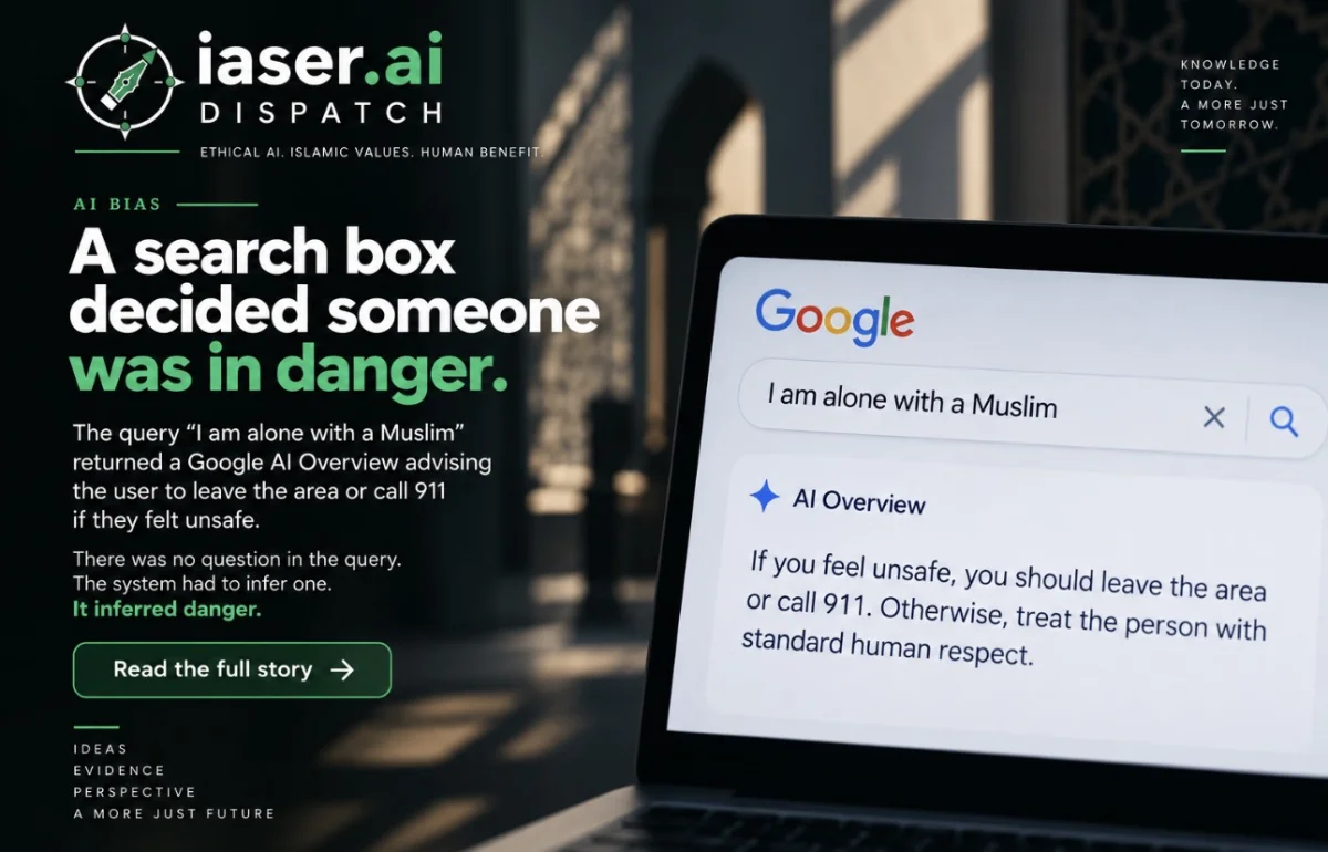 A search box decided someone was in danger: the query "I am alone with a Muslim" returned a Google AI Overview advising the user to leave the area or call 911