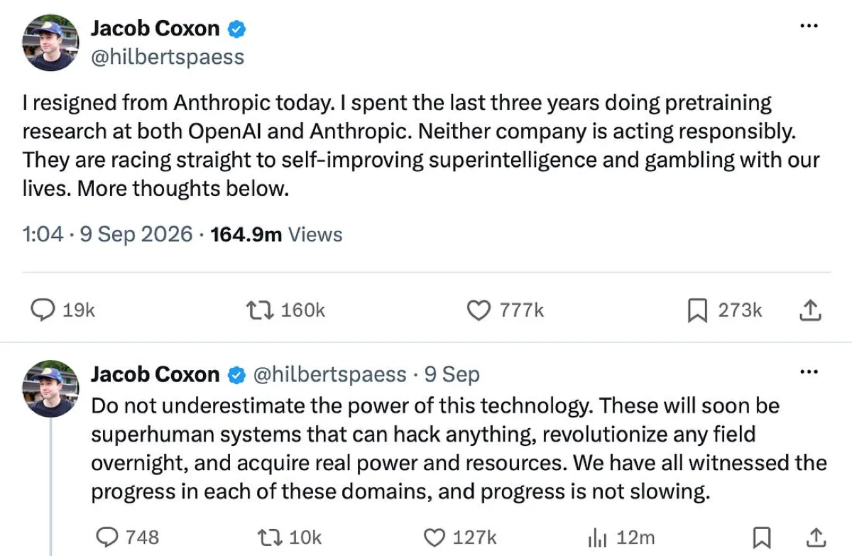 Jacob Coxon's post on X: "I resigned from Anthropic today. I spent the last three years doing pretraining research at both OpenAI and Anthropic. Neither company is acting responsibly. They are racing straight to self-improving superintelligence and gambling with our lives."